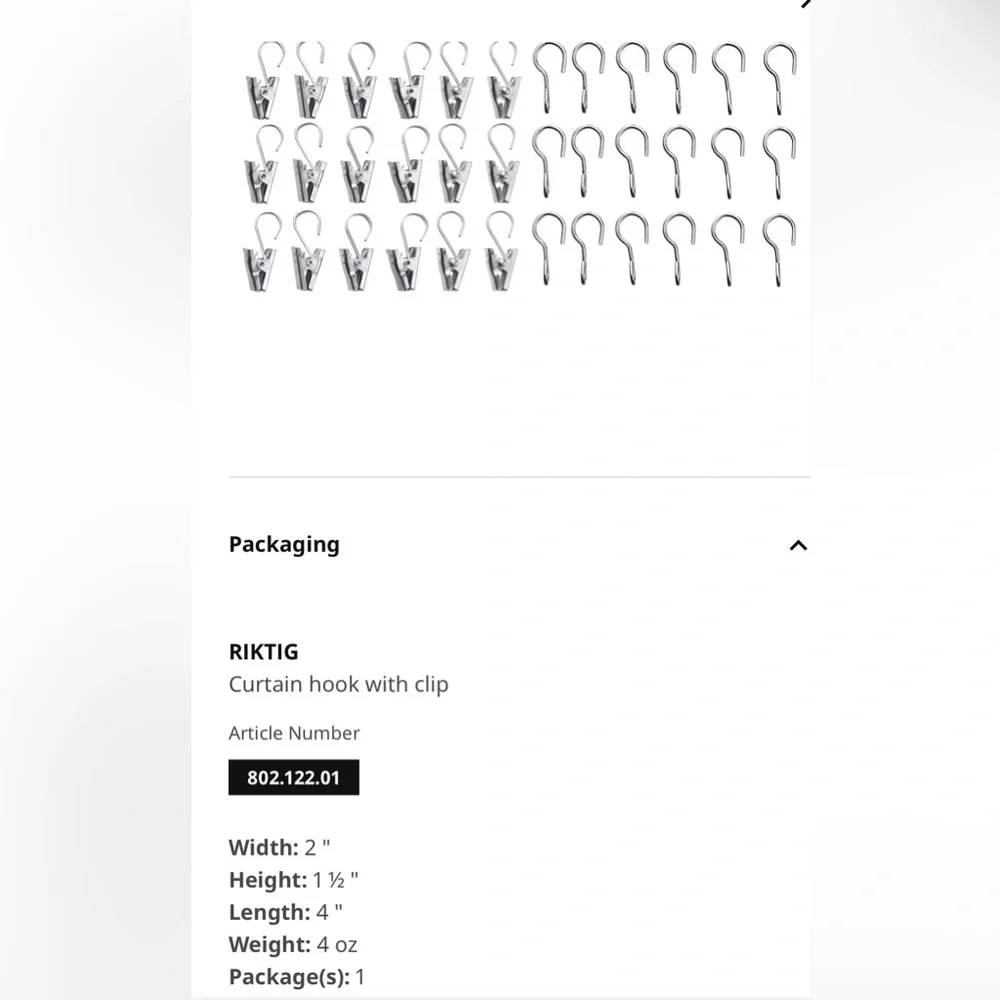 IKEA Riktig set of 24 stainless steel hooks w clips for Photos or curtains NWT
